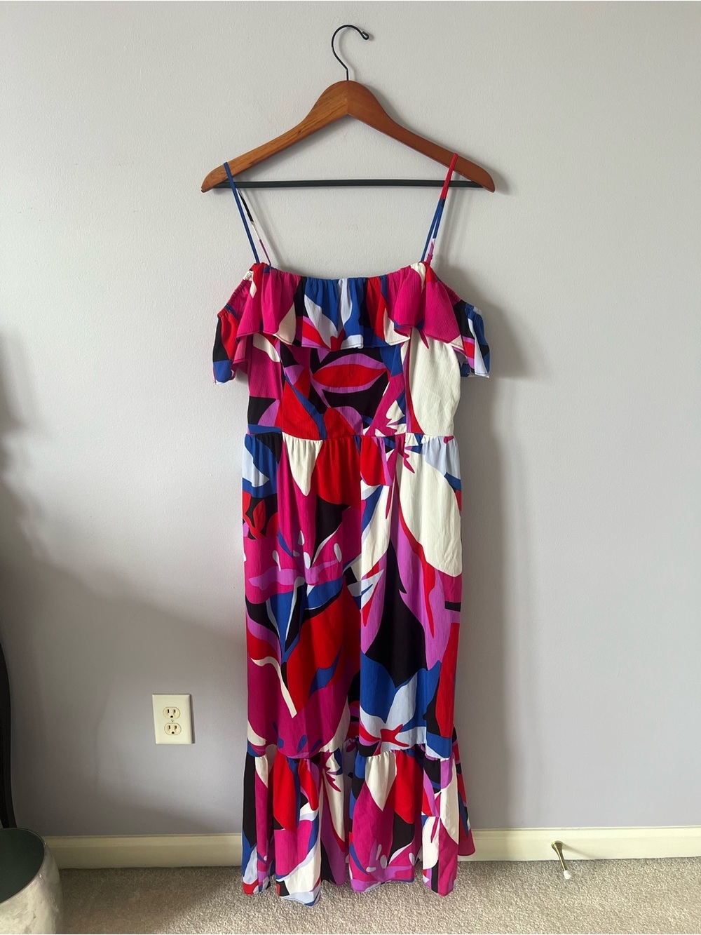 Nine West Bold Pink Red Blue & White Off-Shoulder Maxi Dress
